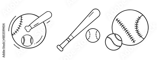 Baseball game equipment collection, bat and ball elements for sports graphics