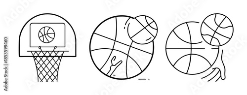 Basketball game equipment, player actions outline icons set for sports