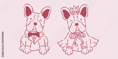 Hand-drawn illustration of a cute French Bulldog couple, a bride wearing a crown and cape, and a groom with a bow tie, on a pink background for wedding invitations.