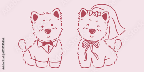 Hand-drawn illustration of a cute, fluffy dog couple, a bride with a veil and ribbon, and a groom with a bow tie, on a pink background for wedding invitations.