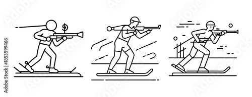Biathlon athletes outline set: ski shooting, winter sport, competitive.
