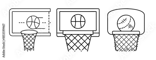 Set of three outlined basketball hoops with balls, vector line art icon
