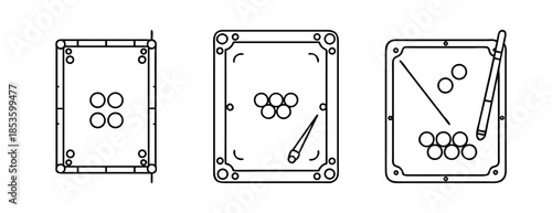 Billiards and pool game tables with cue and balls line art vector icons
