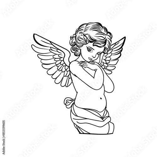 Shy Cherub Line Art Drawing