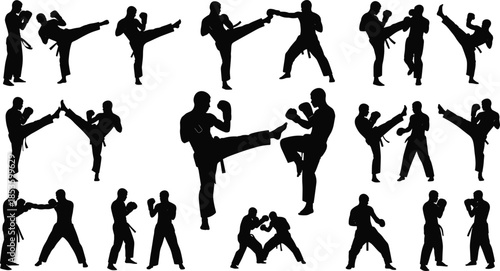 Black Silhouette Set of Martial Arts Fighters Kickboxing Karate Combat Sport Athletes Training Kicking and Punching Isolated on White Background
