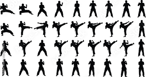 Dynamic Karate and Martial Arts Silhouettes: Vector Illustration of Training, Kicking, and Fighting Poses for Fitness and Sports Design Content.