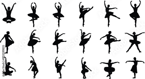 Elegant ballet dancer silhouette vector set performing various graceful poses, movements, and classical dance positions in a minimalist black-and-white style.