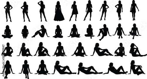 Female Silhouette Collection Vector Illustration Set: Standing, Sitting, and Lying Down Women in Various Poses for Graphic Design, Fashion, and Advertising Concepts.