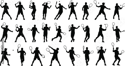 Dynamic Tennis Player Silhouettes Set of 27 Vector Illustrations, Male Athletes Serving, Hitting, and Volleying Action Poses for Sports Design Background.