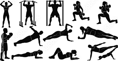Fitness and Workout Silhouettes Set: Diverse People Exercising, Doing Pull-ups, Planks, Lunges, and Boxing for Gym, Sport, and Health Stock Vector