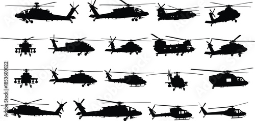 Military Helicopters Black Silhouette Set: Attack, Utility, and Transport Rotorcraft Vector Collection