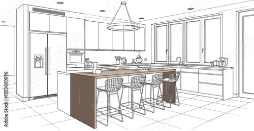 Modern Kitchen Interior Vector Illustration with Large Island Breakfast Bar Minimalist Line Art Contemporary Home Design Furniture and Cabinetry Sketch