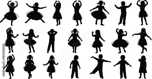 Set of Children Silhouettes Dancing and Playing in Ballet Outfits and Casual Clothes for Kids Performance Art and Creative Projects
