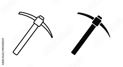 A depiction of two pickaxes one outlined and one solid black presented as a striking silhouette