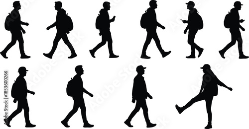 Set of Silhouettes Featuring People Walking with Backpacks and Using Smartphones Isolated on White Background for Urban Lifestyle Vector Design