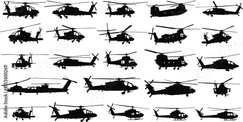 Set of detailed military combat and utility helicopter silhouettes, including attack, transport, and reconnaissance aircraft, perfect for aviation and defense vector design.