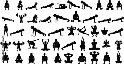 Set of Professional Fitness Silhouettes Including Yoga Poses Strength Training Bodyweight Exercises and Gym Workout Icons for Sports Graphic Design Elements