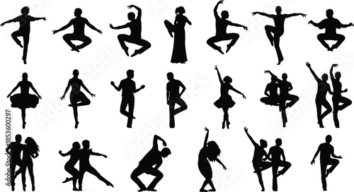 Set of Professional Dancers Silhouettes in Various Dynamic Poses Including Ballet Contemporary Jazz and Ballroom Dance for Graphic Design Projects