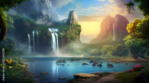 fantasy landscape with a waterfall