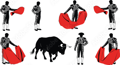 Spanish Bullfighting Vector Silhouette Set Featuring Matadors in Traditional Costumes with Red Capes and a Charging Bull on White Background