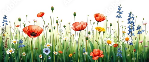 Dreamy watercolor wildflowers, green grass, poppies, daisies, bluebells on white,  artwork,  plant