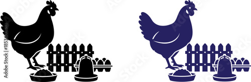 Chickens standing by fence with eggs and feeders in farm scene