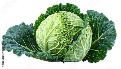 A fresh, vibrant, Savoy cabbage, its crinkled leaves overlapping, isolated on black
