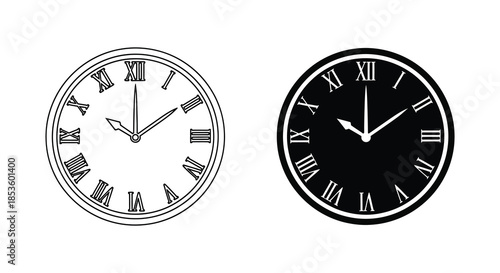 Two round wall clocks with roman numerals one light and one dark a striking silhouette