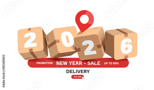 stack of four cardboard boxes, with the white number 2026 placed on them, is used to design New Year promotional banner for E-commerce and delivery business, vector 3d isolated for advertising design