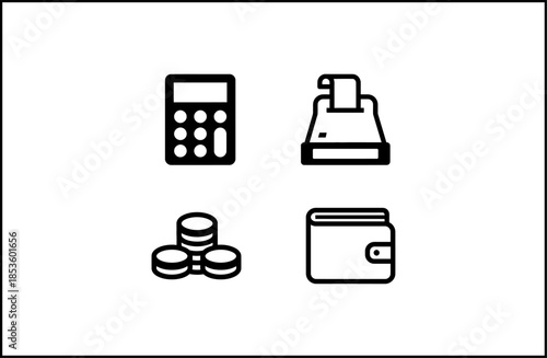 Financial icons including calculator, cash register, coins, and wallet