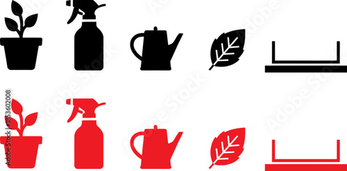Modern gardening tools and plant care icons in black and red