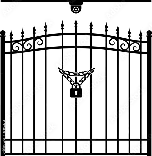 Secure gated entrance with locked padlock and surveillance camera