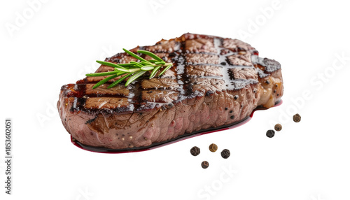 A succulent grilled venison steak with a red wine and juniper reduction, isolated on white background for a gour Png1