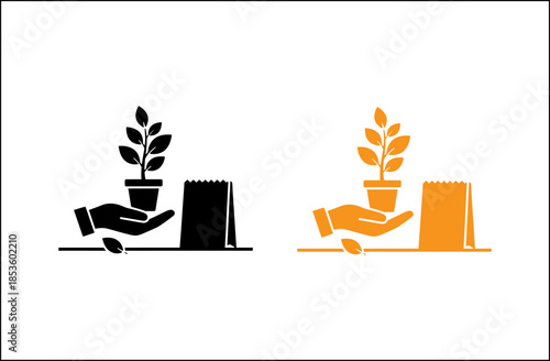 Hands nurturing plants in pots with bags