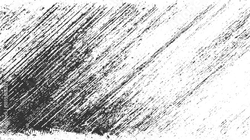 Black and white diagonal distressed grunge texture with rough brush strokes and speckles