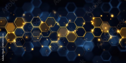 Abstract Glowing Hexagonal Grid - Dynamic Golden Blue Digital Network Background.