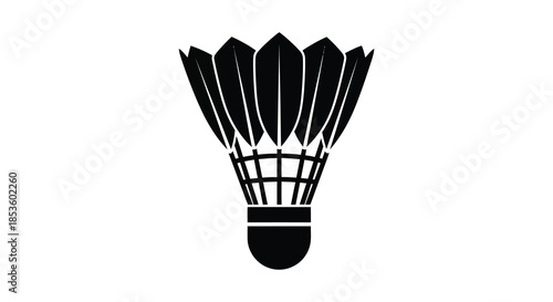 A striking black and white image depicting a badminton shuttlecock in a bold silhouette