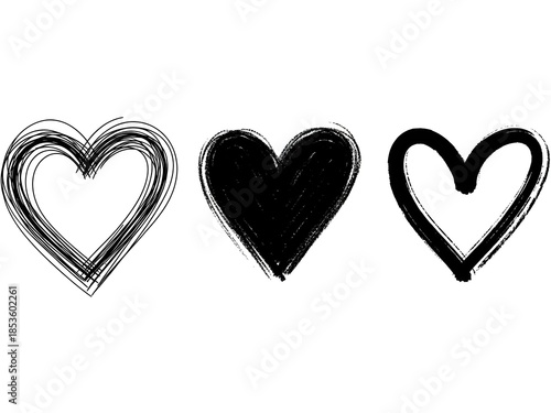 Three hand-drawn black heart symbols with different styles on a white background