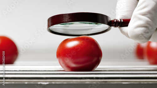 Quality Control Inspection, A minimalist shot of a gloved hand holding a magnifying glass over a piece of fruit on a conveyor belt. Modern food processing facility, focus on detail.