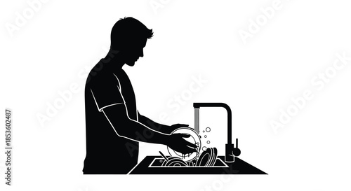 a man washing dishes at a kitchen sink is depicted in a striking black silhouette
