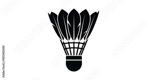 A striking black and white image depicts a badminton shuttlecock in a bold silhouette