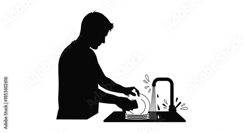 a simple black silhouette depicting a man washing dishes at the kitchen sink silhouette