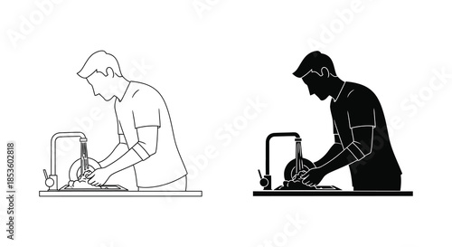 A contrasting depiction of a man washing hands at a sink line drawing and silhouette
