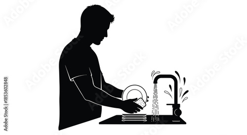 A man is washing dishes at the kitchen sink a simple domestic scene silhouette