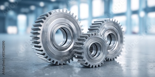 Sleek Metallic Gears on Reflective Surface, Symbolizing Industrial Precision and Connection.