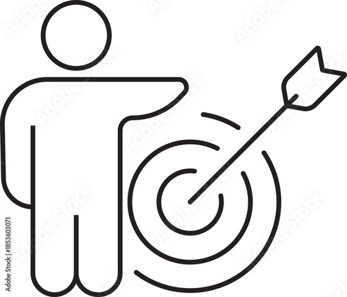 Outline icon of a person pointing towards a target with an arrow hitting the bullseye, symbolizing goal achievement and success.