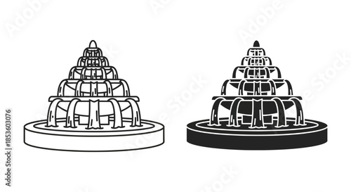 Detailed illustration of a tiered fountain design presented in two distinct black and white variations silhouette