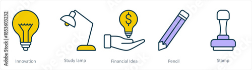 A set of 5 business icons as innovation, study lamp, financial idea