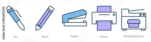 A set of 5 business icons as pen, pencil, stapler