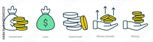 A set of 5 business icons as investment, loan, money growth
